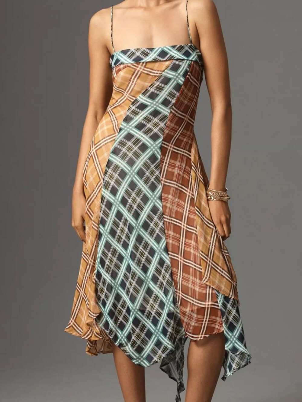 Anthropologie Maeve Asymmetric Plaid Patchwork Mix Midi Dress Hanky Hem XS